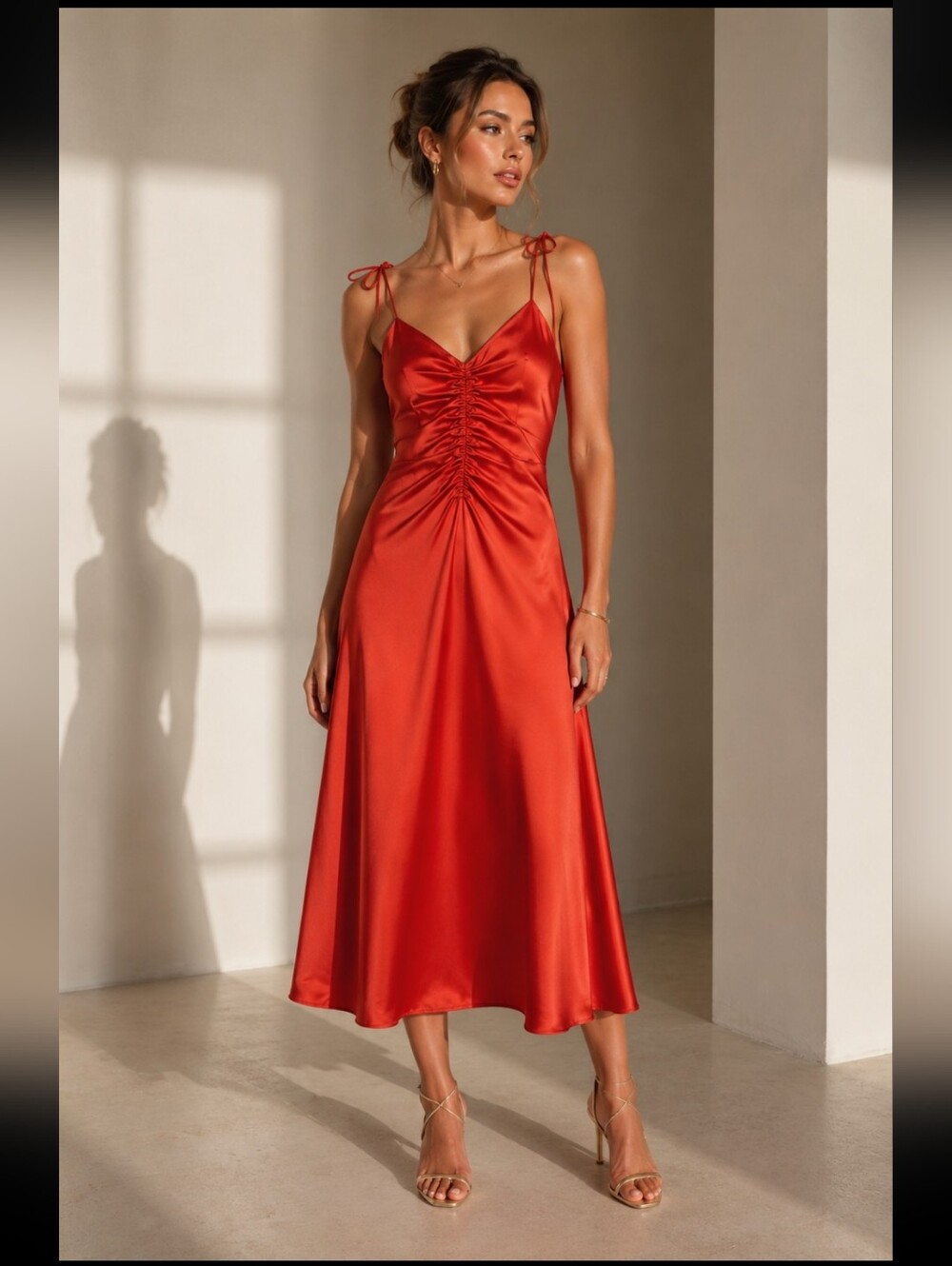 Jason Wu‎ Satin Ruched Tie-Strap Midi Dress in Burnt Orange